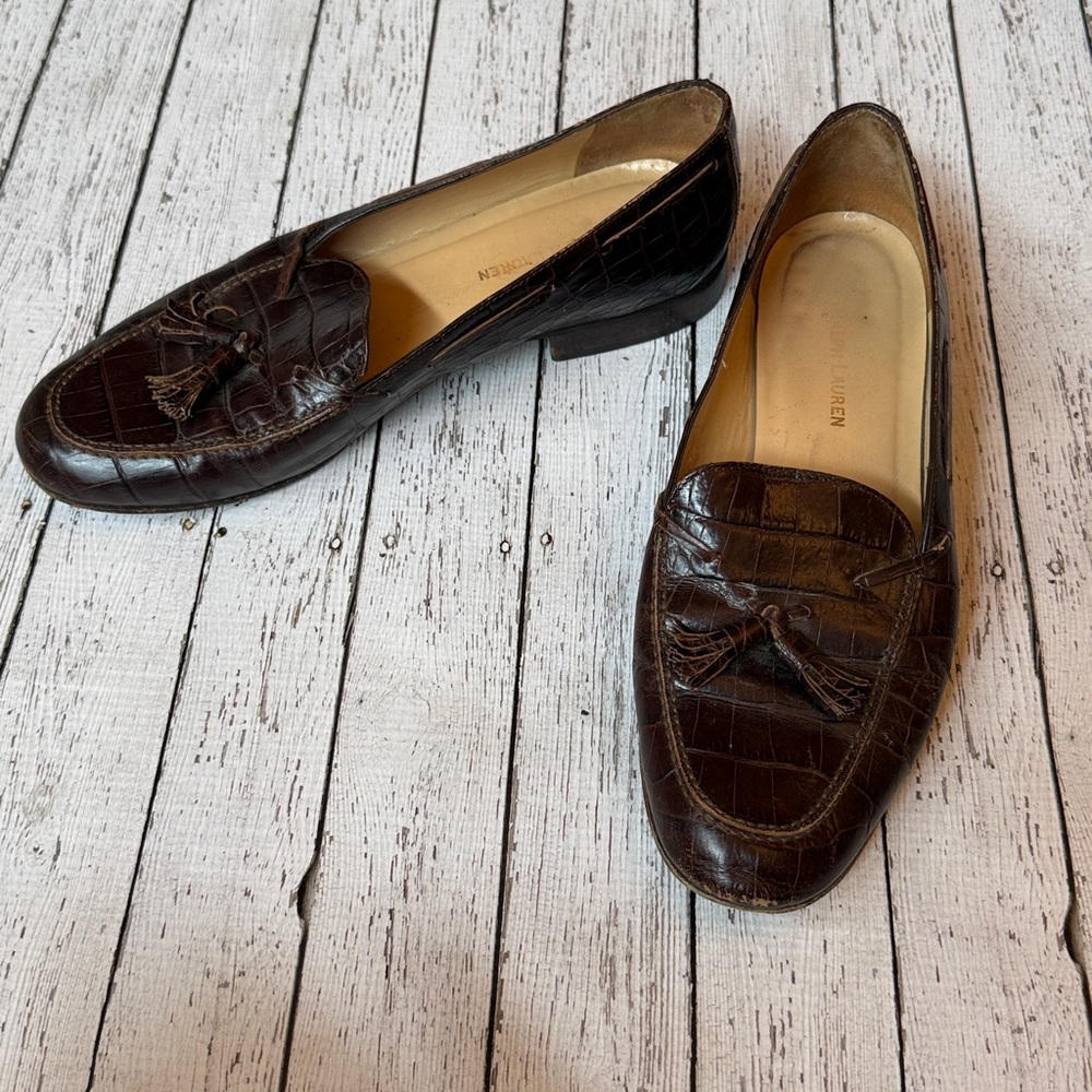 Ralph Lauren Dark Brown Croc-Embossed Tassel Loafers